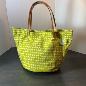 Lime Green Dot Canvas Tote Bag – Leather Handles – Striped Interior